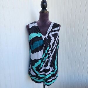 Worthington V-neck Sleeveless Printed Top Women Size L Green Black Career Shell